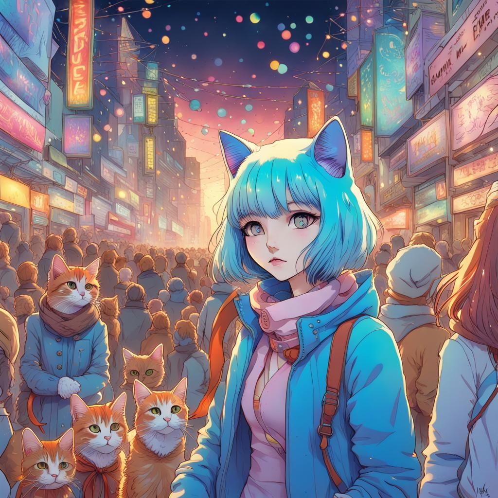 New Year's Eve Cat Festival in Anime Style