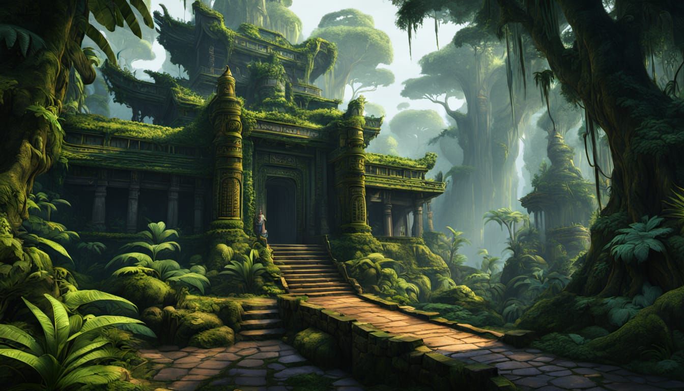 Rainforest Temple Pathway with Adventurer in Detailed Painti...