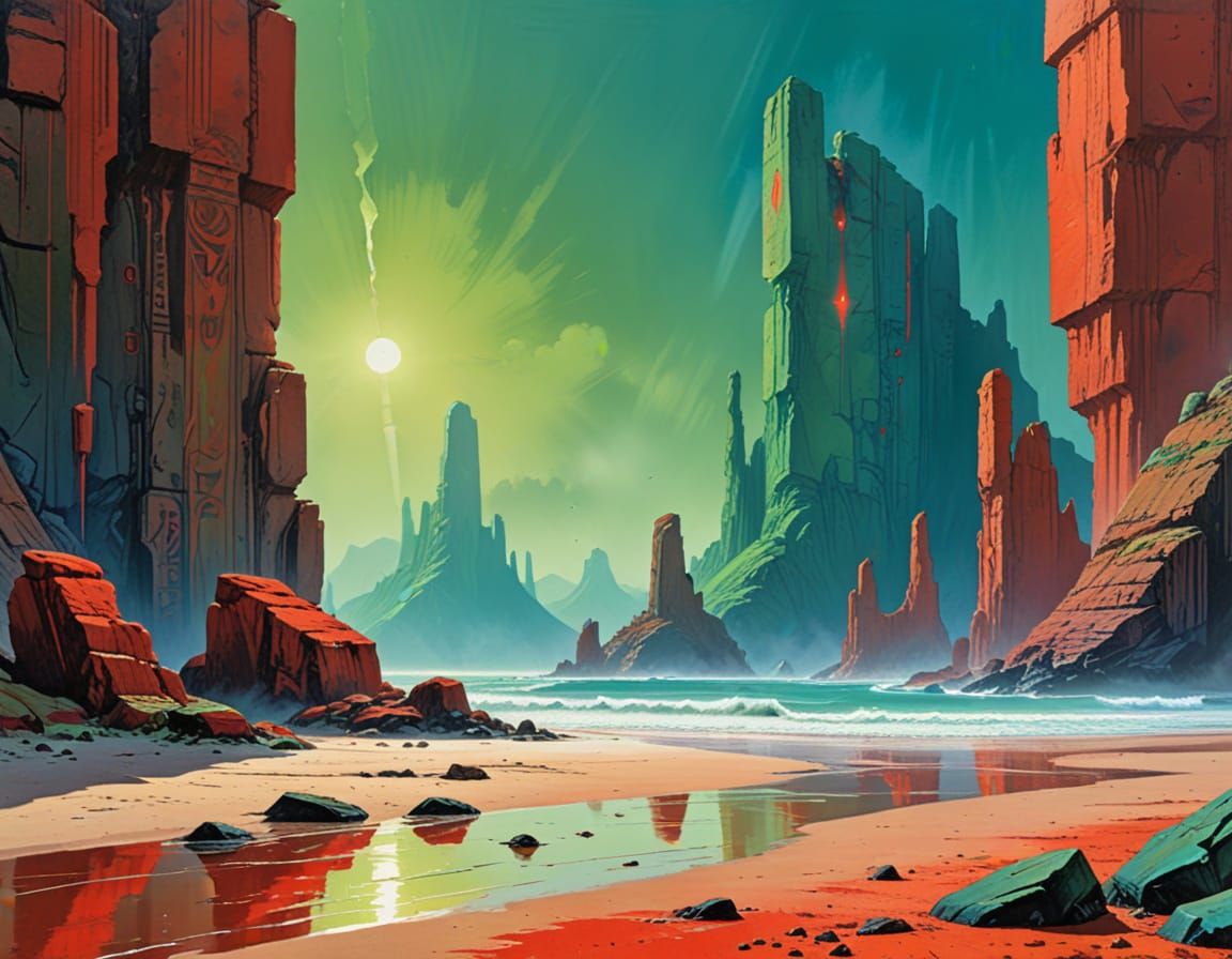 Desolate Planet with Monoliths in Gouache Style