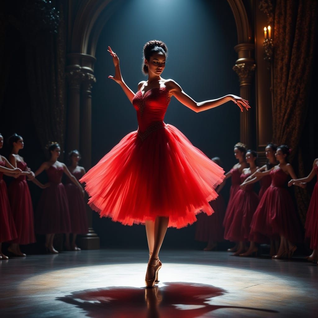 Misty Copeland in Red Ballet Costume, Dramatic Spotlight