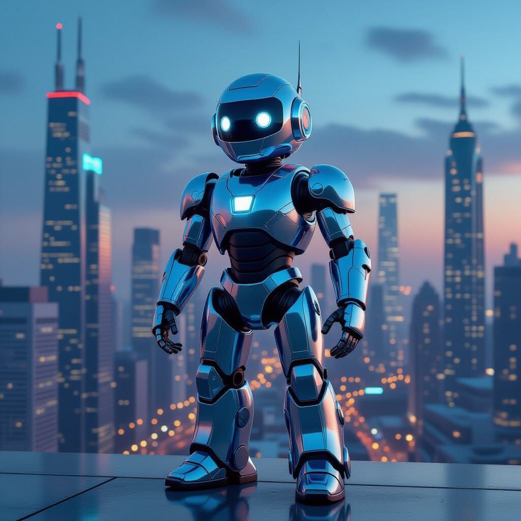 Adorable Robot Posing in Futuristic Cityscape
