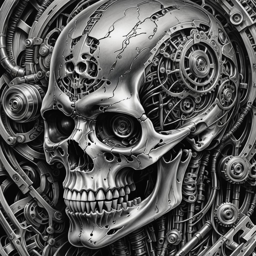 Biomechanical Skull Tattoo Design in Grayscale Pencil