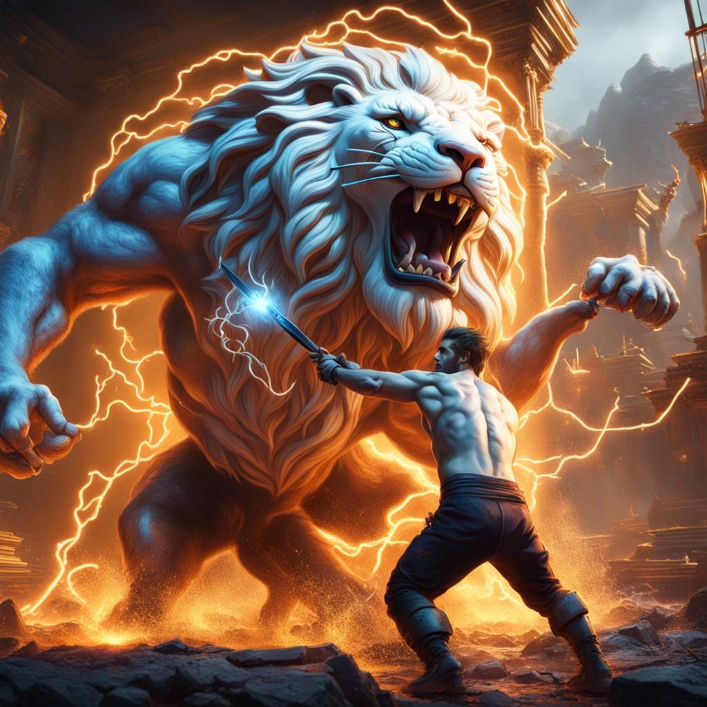 Electric Entity Battles Lion in Detailed Digital Painting