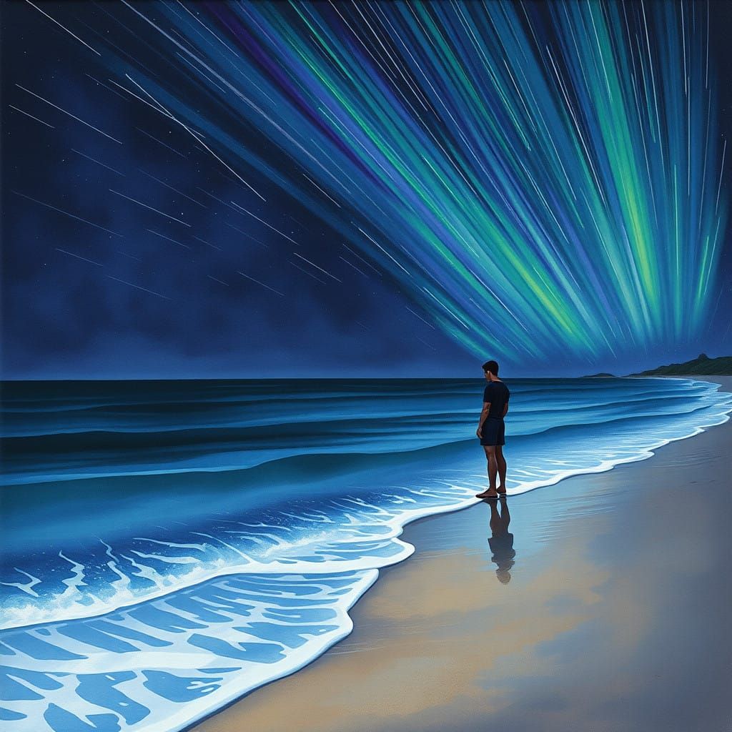 Ethereal Beach Scene Under a Celestial Meteor Shower