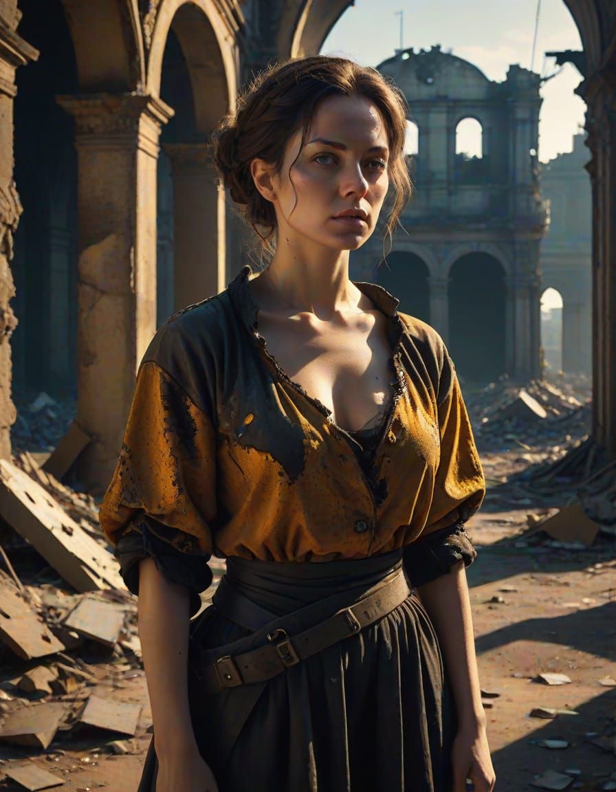 Baroque Female Prisoner in Ruins, 8K Cinematic Portrait