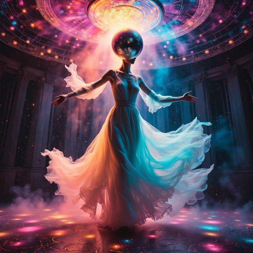 Surreal Disco Ball Enthralls Ghostly Figure in Elegant Eerie...