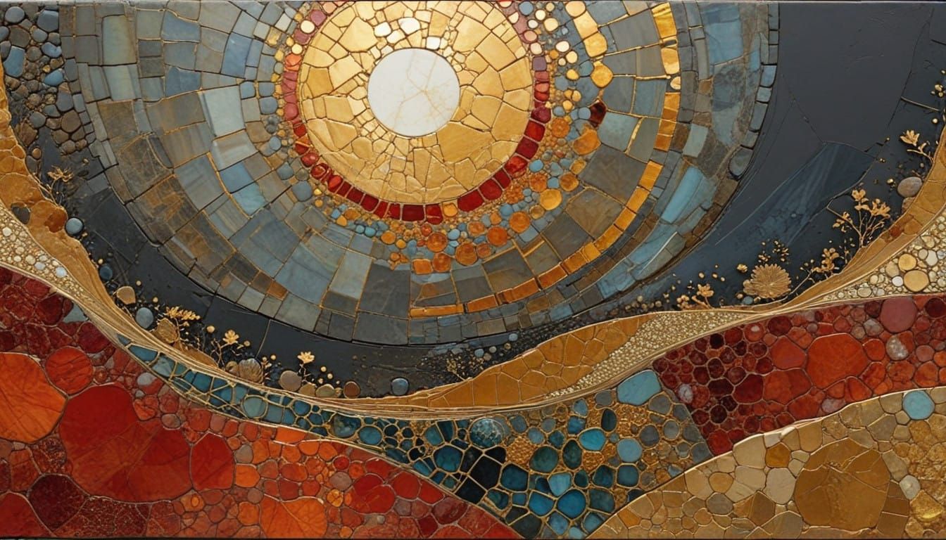 Vibrant Ocean Sunset Mosaic in Thick Textured Encaustic Impa...