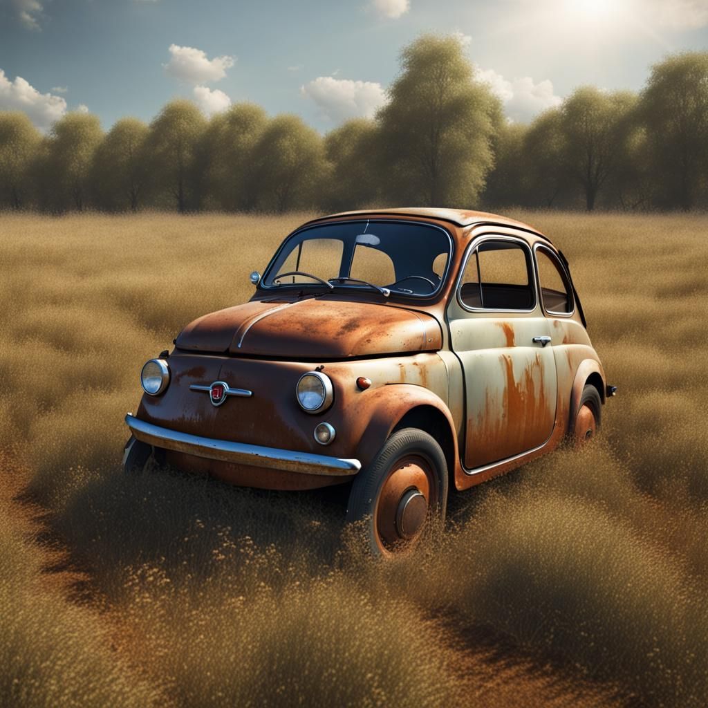 Abandoned Rusted Fiat 500 in Field: Photorealistic Image