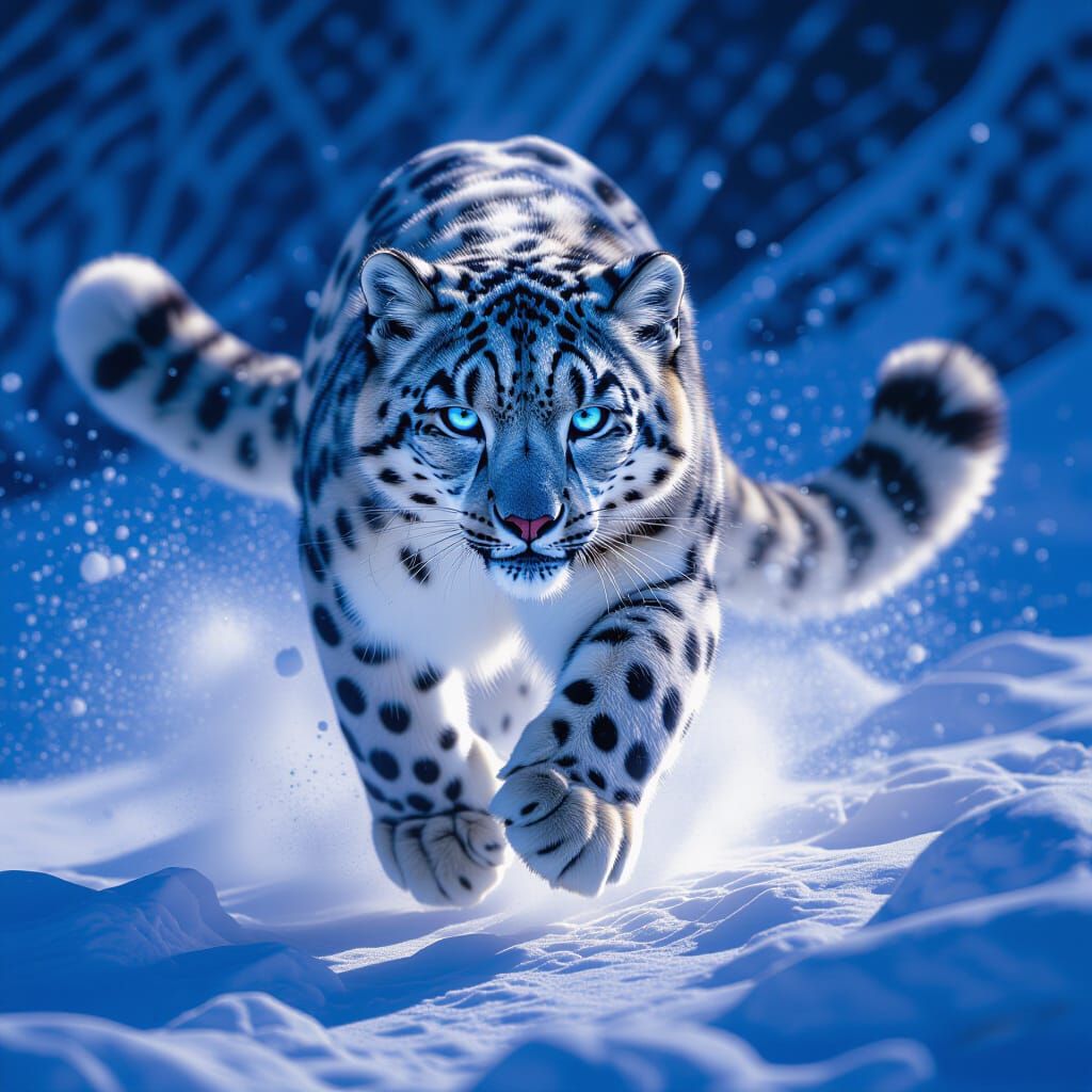Snow Leopard Leaps with Luminous Fur in Hyperrealism