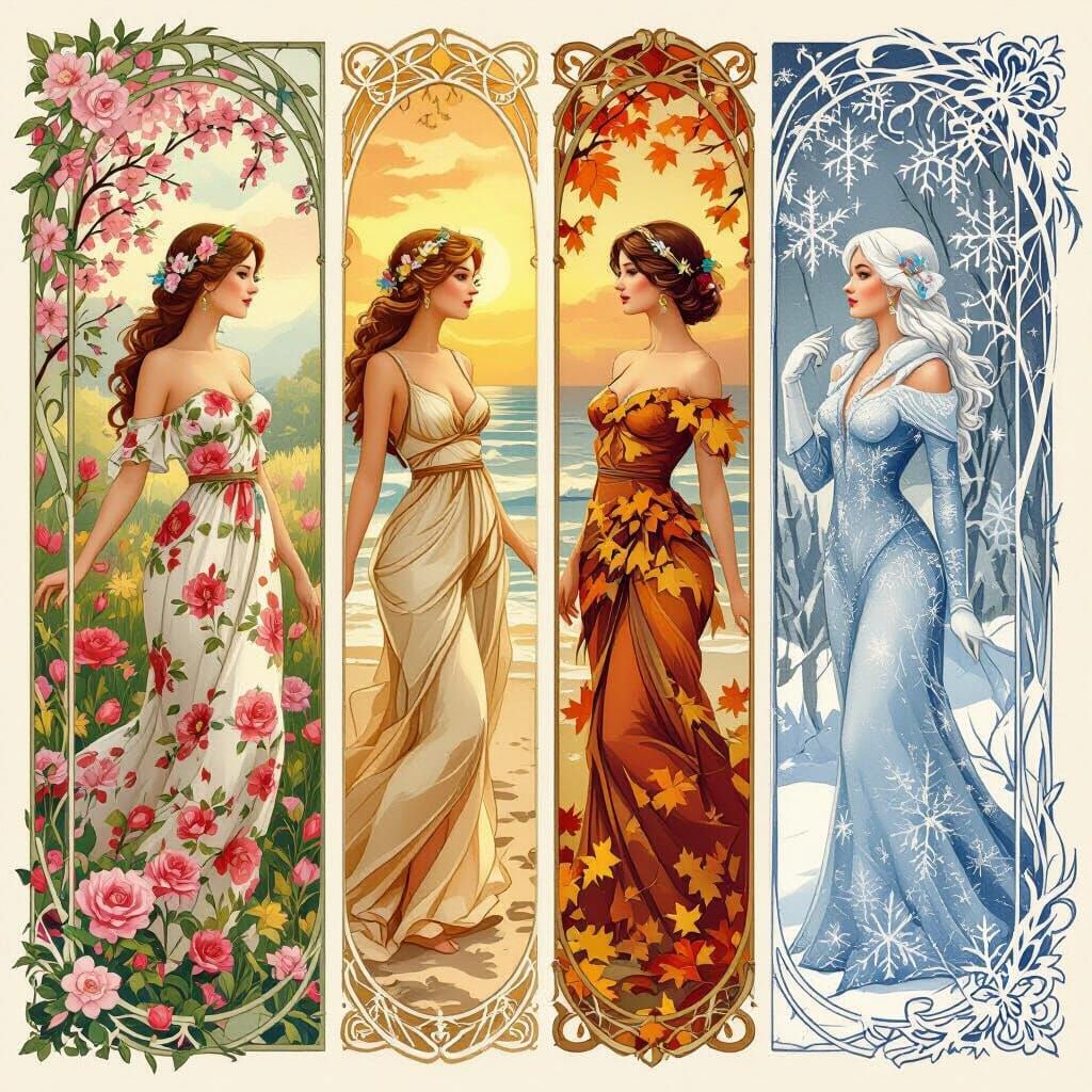 Four Seasons Women in Art Nouveau Frames