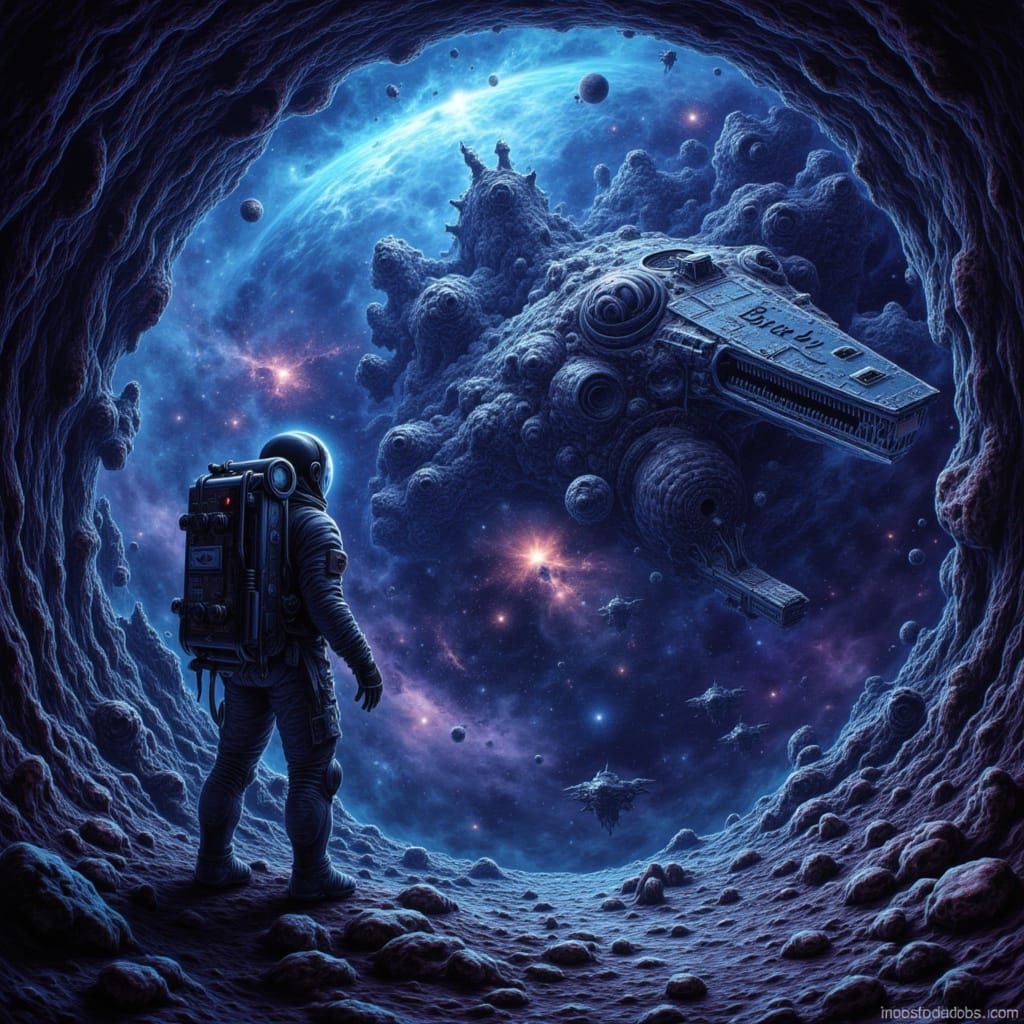 Astronaut and 'Brady' Spaceship in Starry Galaxy