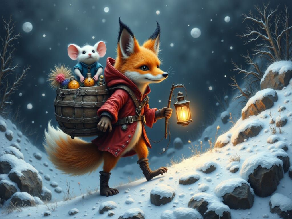 Fox's Snowy Mountain Adventure: Photorealistic Illustration