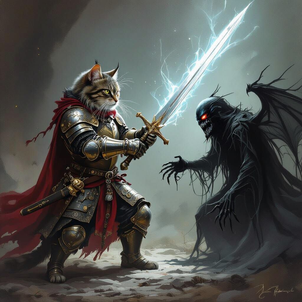 Armored Cat Battles Dementor with Excalibur