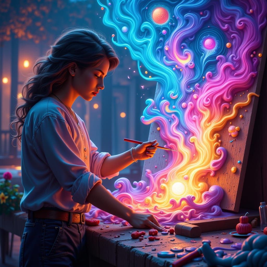 Artisan Pulls Glowing Objects From Canvas in Digital Matte S...