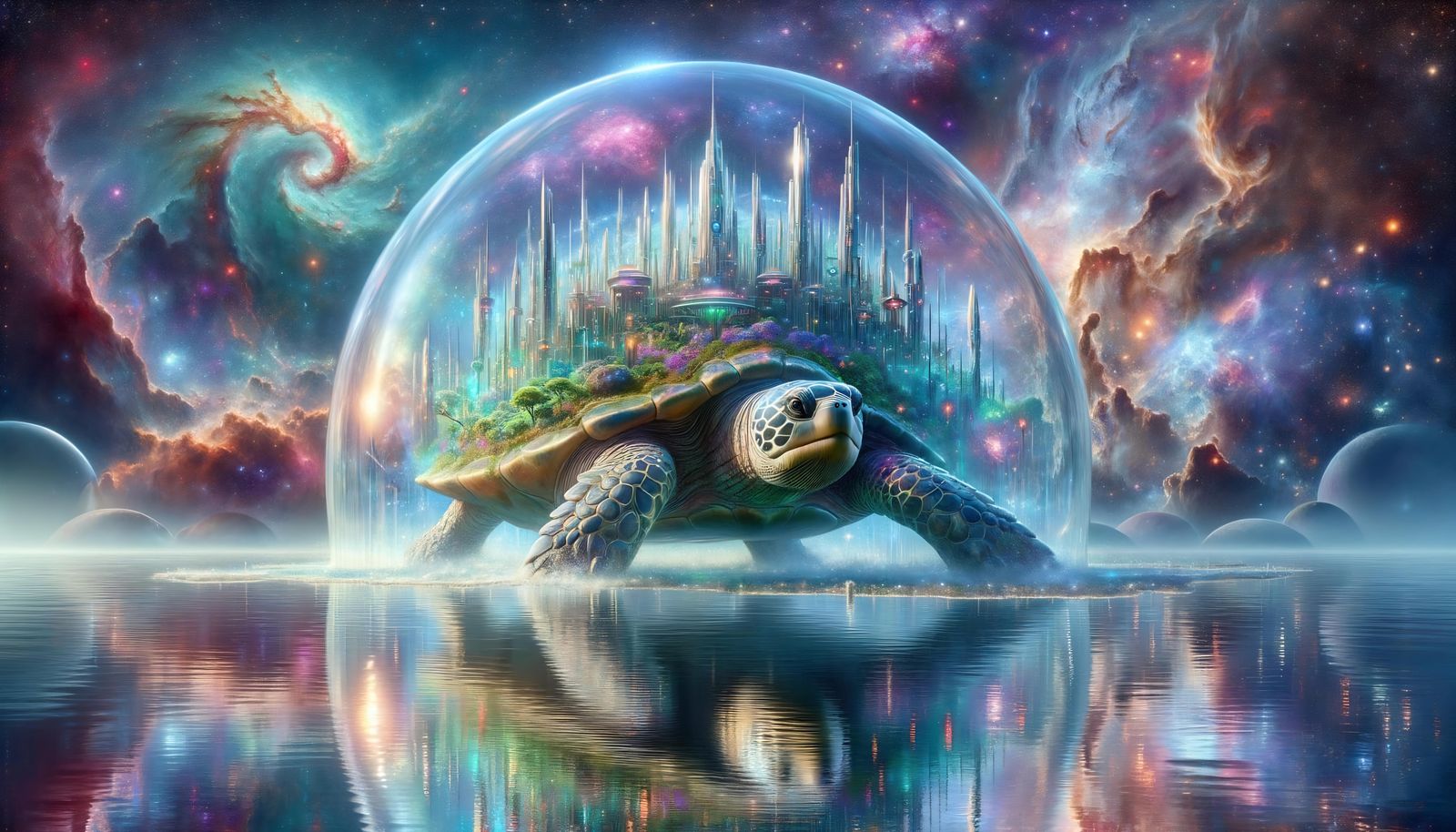 Majestic Turtle City Navigating Iridescent Cosmic Waters
