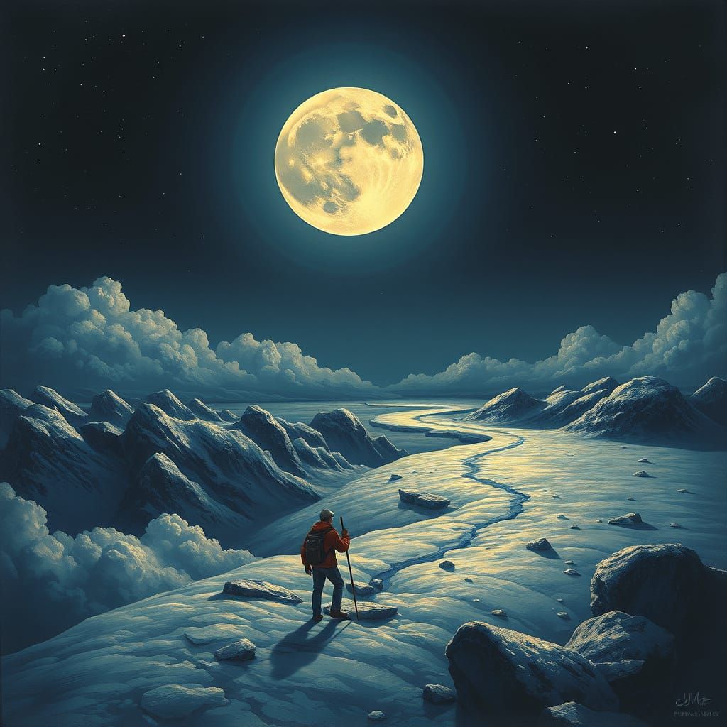 Surreal Moonlit Journey in a Futuristic Landscape