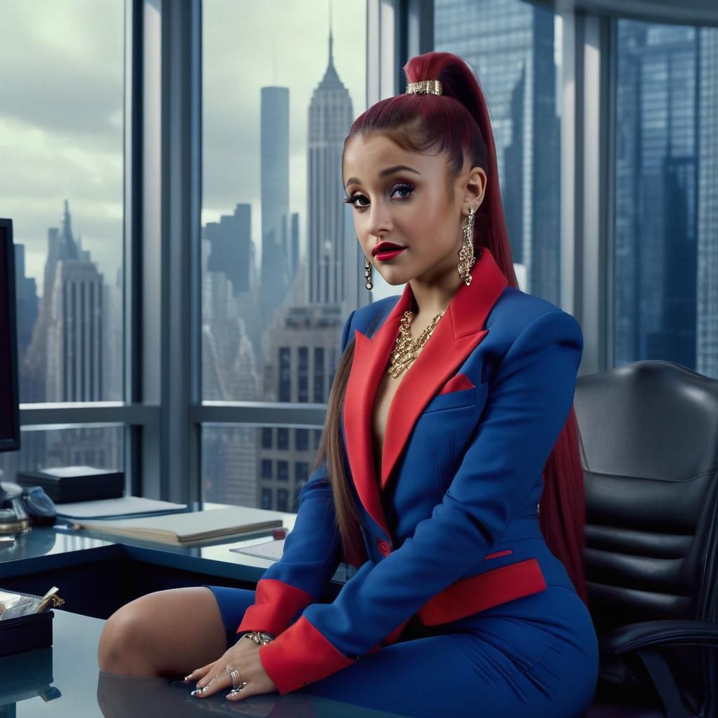 Ariana Grande Portrait in Open Blue Suit, Cinematic Style