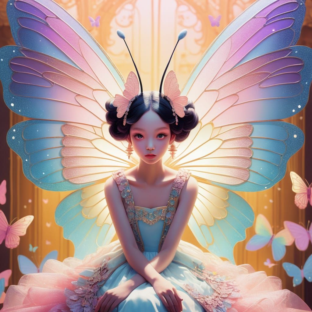 Sparkling Anime Butterfly Queen with Vibrant Neon Pastel Win...