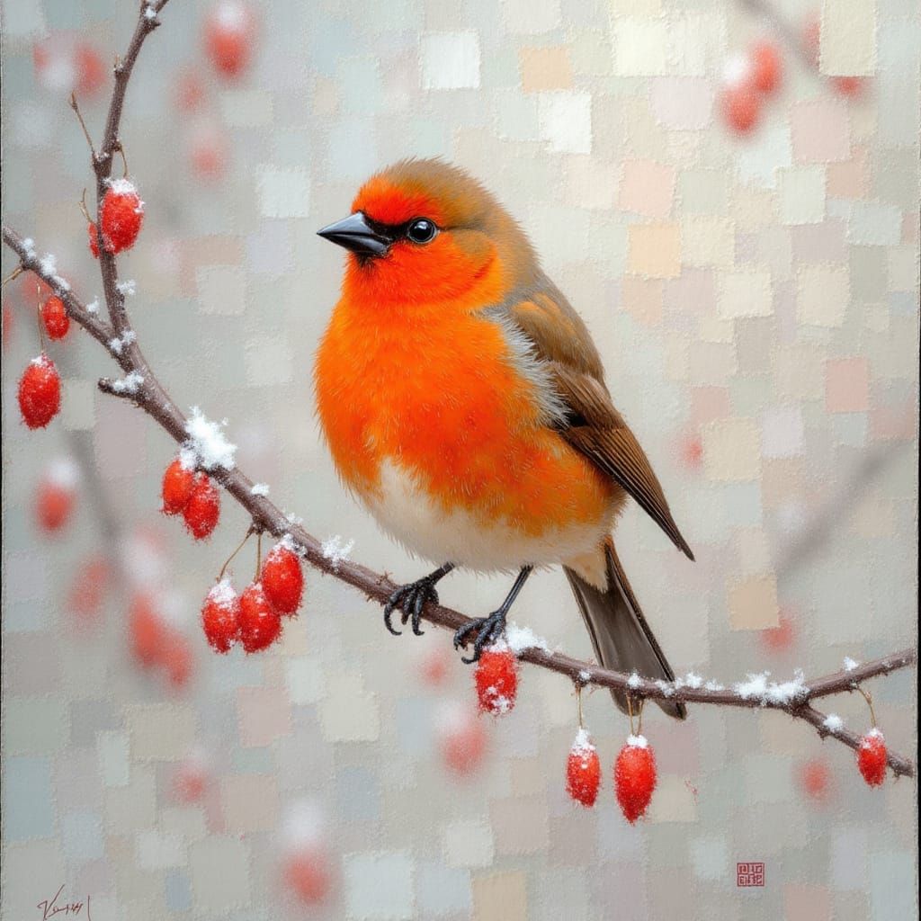 Orange Finch on Snowy Branch in Mist, Wildlife Photography