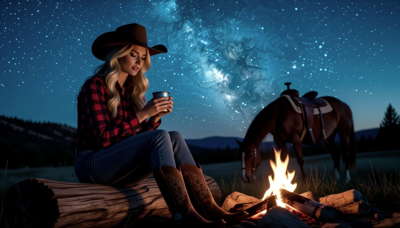 Blonde Cowgirl Contemplates Campfire Under Milky Way