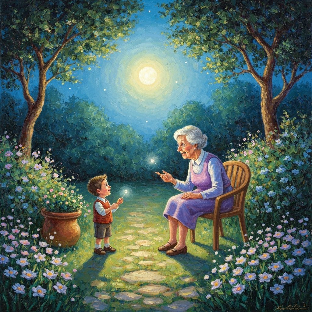 Grandmother Tells Stories in Moonlit Garden, Neo-Impressioni...