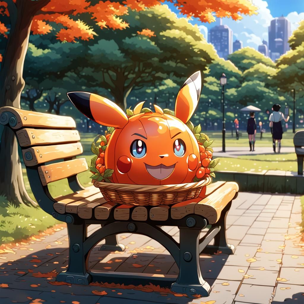 Kawaii Orange Pokémon on Park Bench in Anime Style