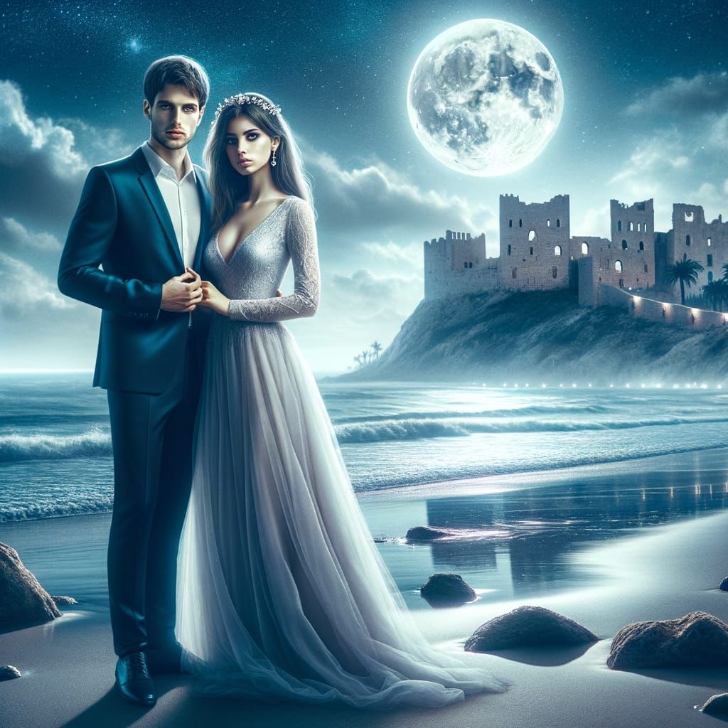 Couple's Bliss on Israeli Beach Under Moonlight