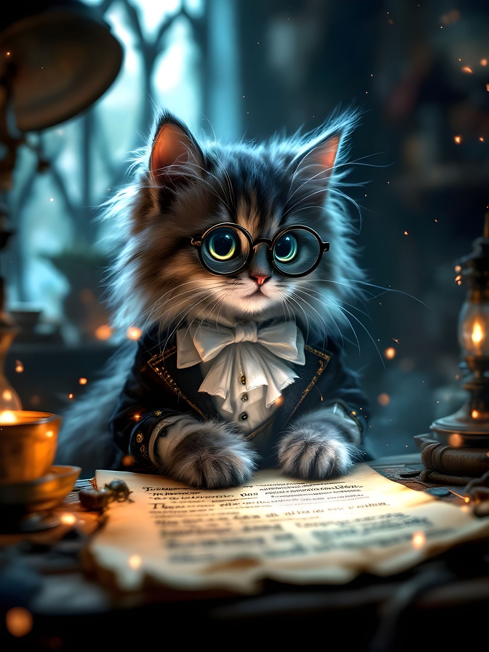 Victorian Kitten Scholar with Ancient Scroll
