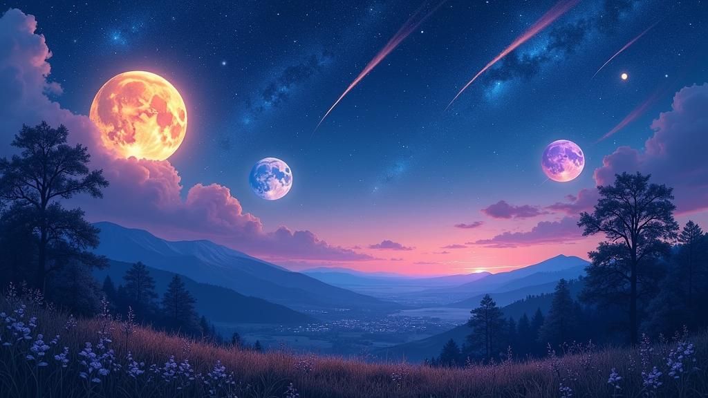 Dreamy Nocturnal Landscape with Three Moons