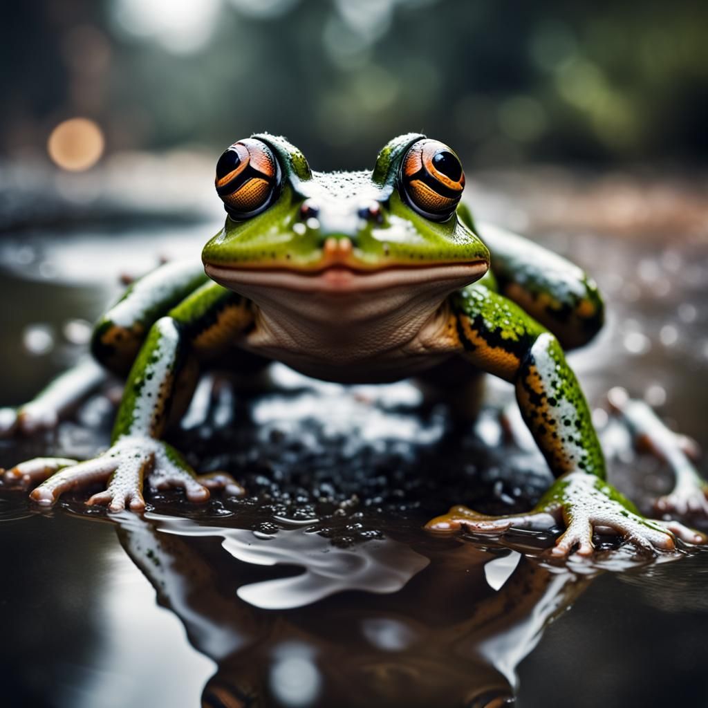 Hyperrealistic Frog Jumping in a Puddle