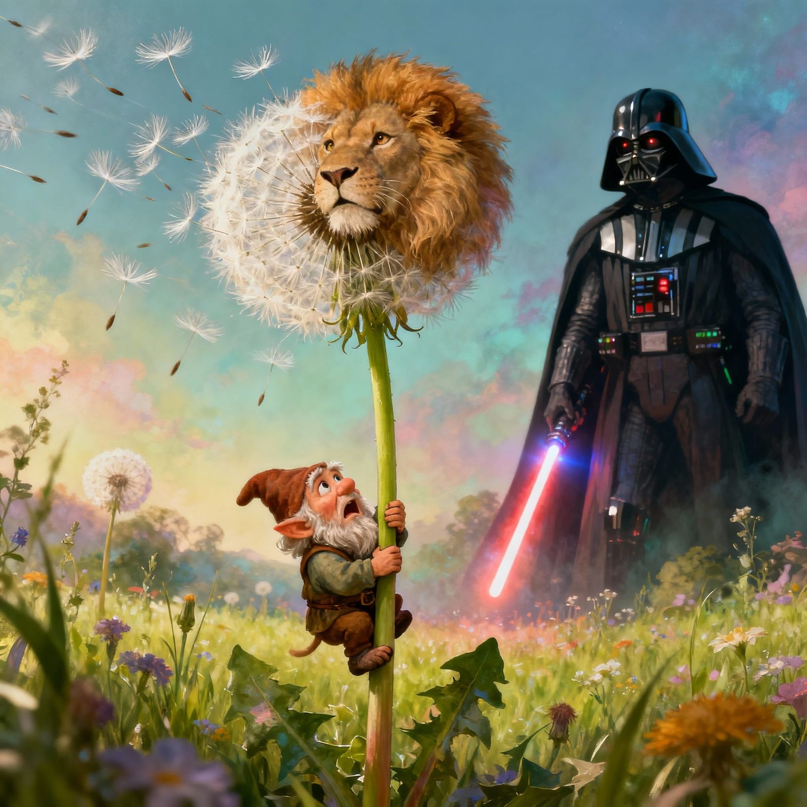 Dwarf Clings to Lion Dandelion Facing Darth Vader