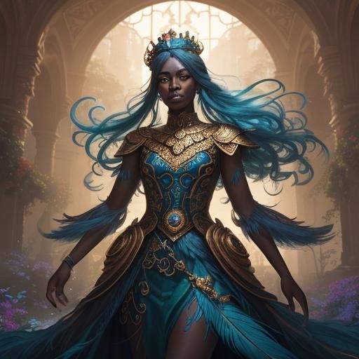 Blue-Haired Woman with Peacock Feathers in Garden