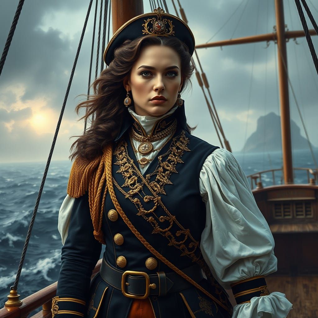 Regal Naval Commander Stands Firm in Fierce Stormy Seascape