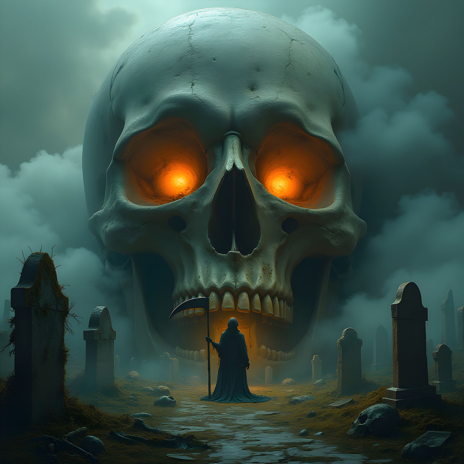 Haunting Skull Graveyard Scene in Hyperrealism