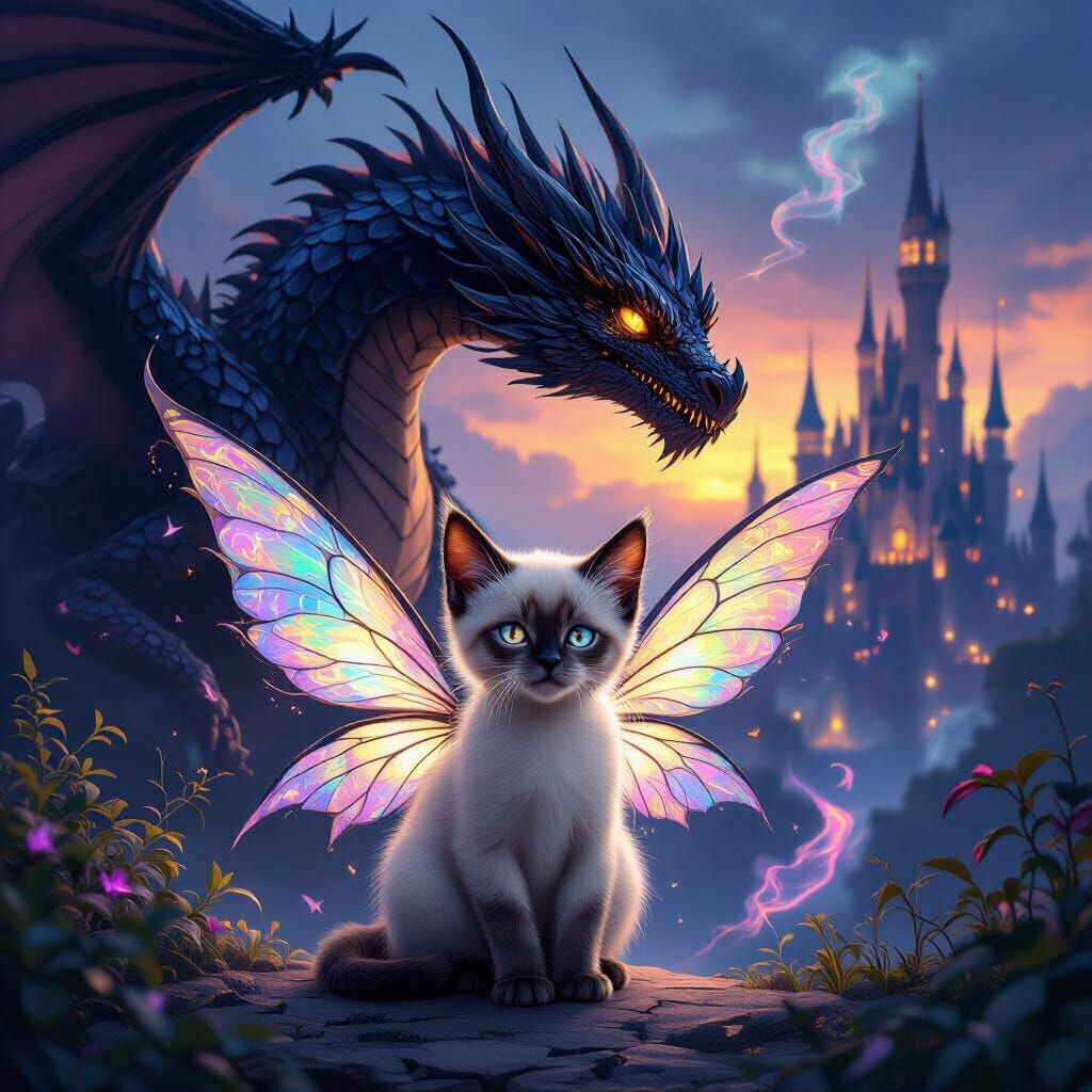 Ethereal Fairy Kitten Meets Obsidian Dragon