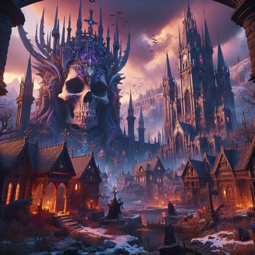 Gothic Demoness Messalina in Skull Tower Matte Painting