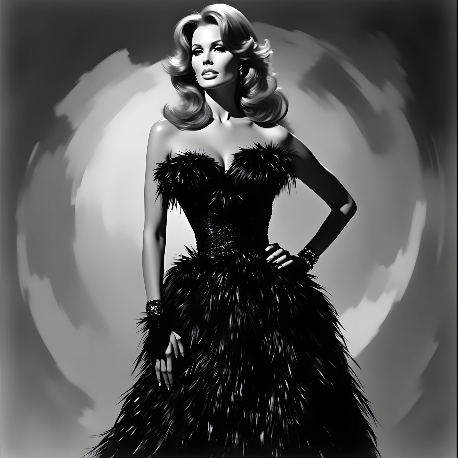 Raquel Welch in Feathered Gown: Hollywood Glamour