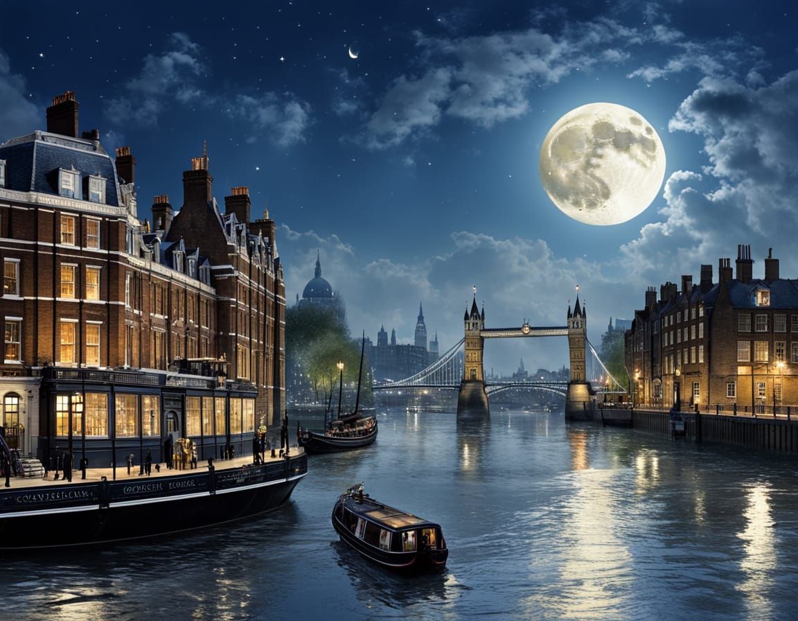 Victorian London by Thames Under Moonlight