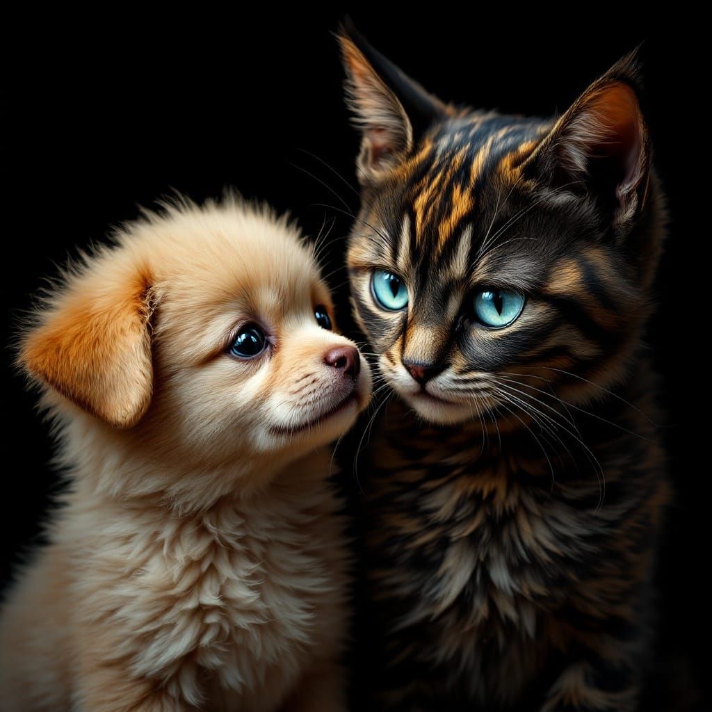 Fierce Feline Confronts Playful Puppy in Dramatic Portraitur...