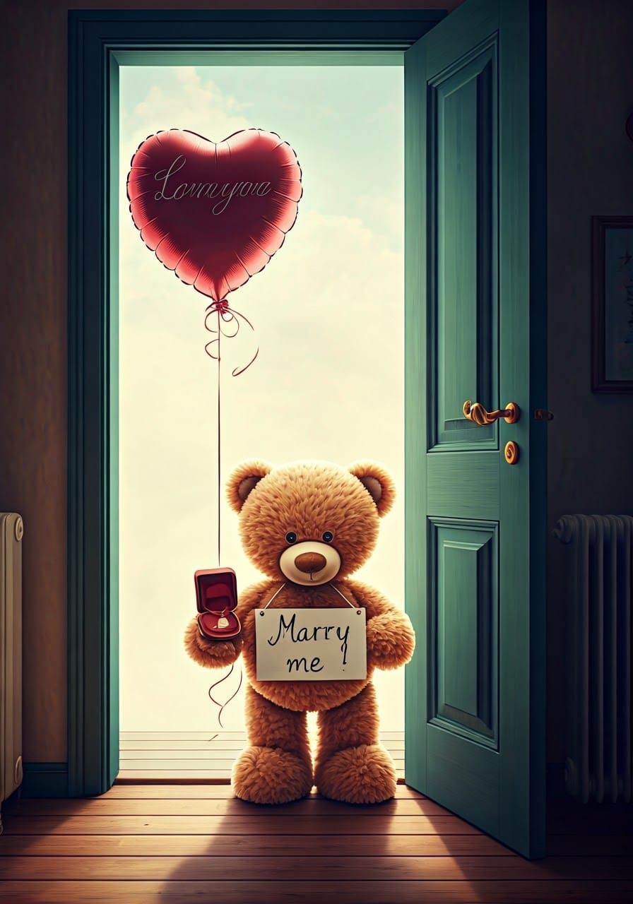 Endearing Teddy Bear Proposes Marriage with Golden Ring