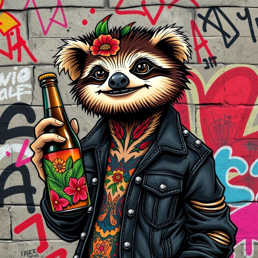 Punk sloth with coloured tattoos holding a beer