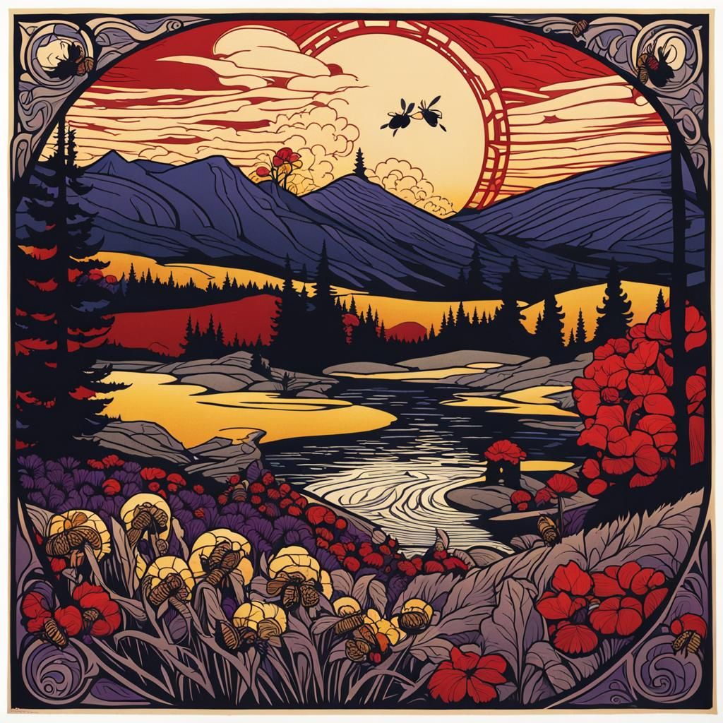 Vermont Landscape Woodcut in Alphonse Mucha Style