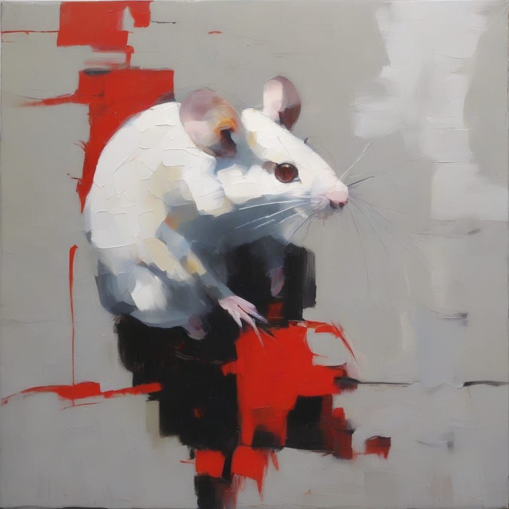Surreal Mouse Painting with Geometric Shapes and Red Splash