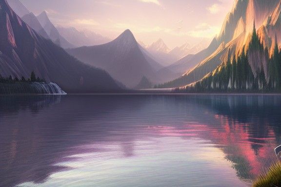 Mountain Lake: Detailed Matte Painting in Fantasy Style