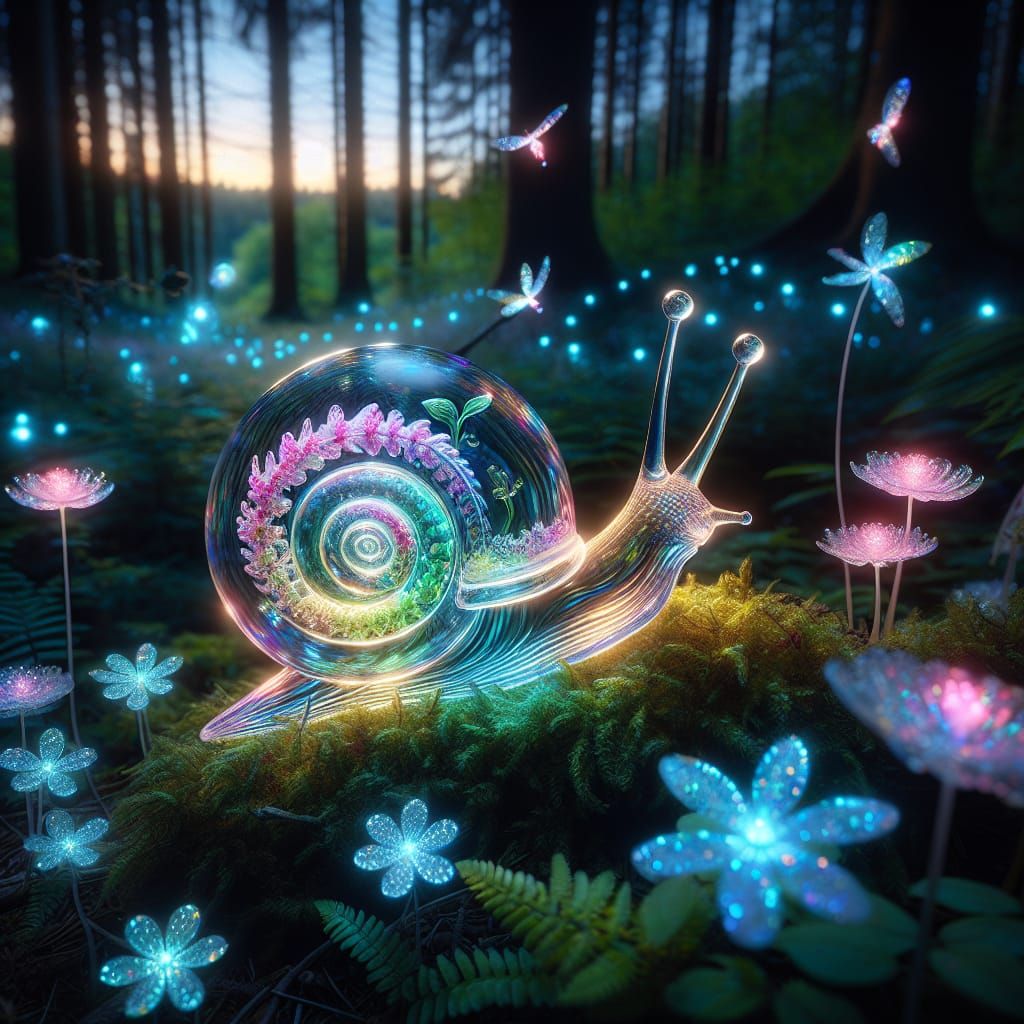 Crystal Snail in Bioluminescent Twilight Forest