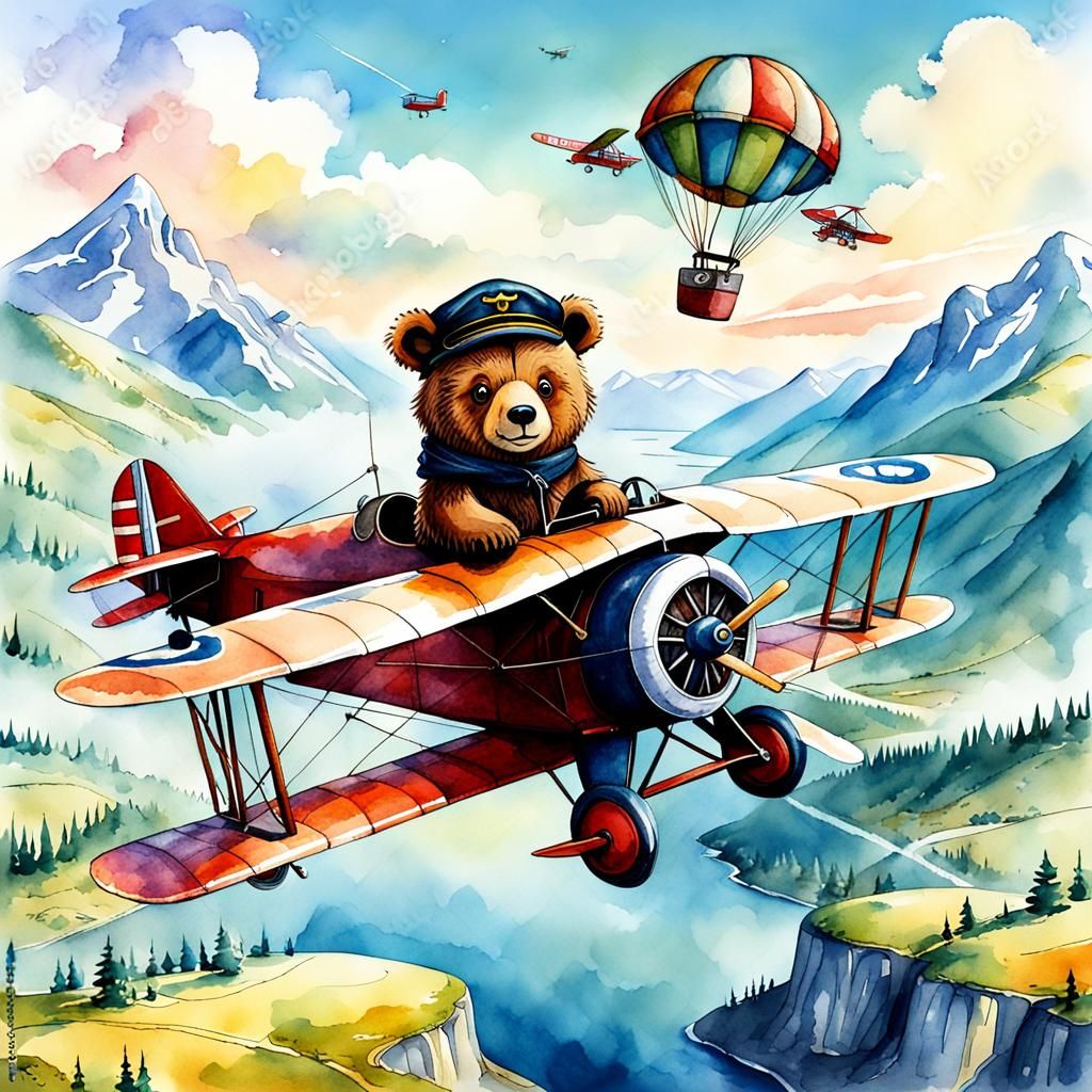 Bear Pilot in Biplane Over Landscape, Watercolor Sketch