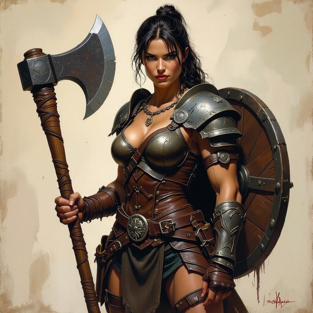 Powerful Female Warrior with Axe, in Oil Painting Style