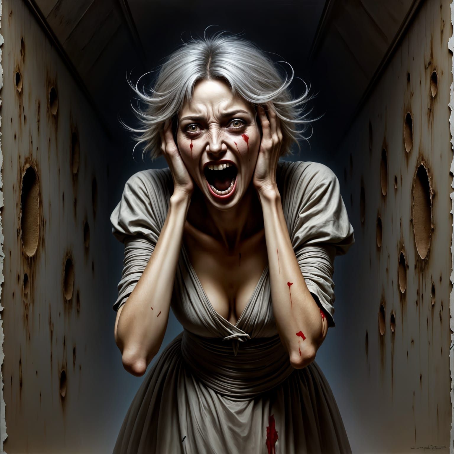 Middle-Aged Woman in Terror, Rendered in Dark, Gothic Style