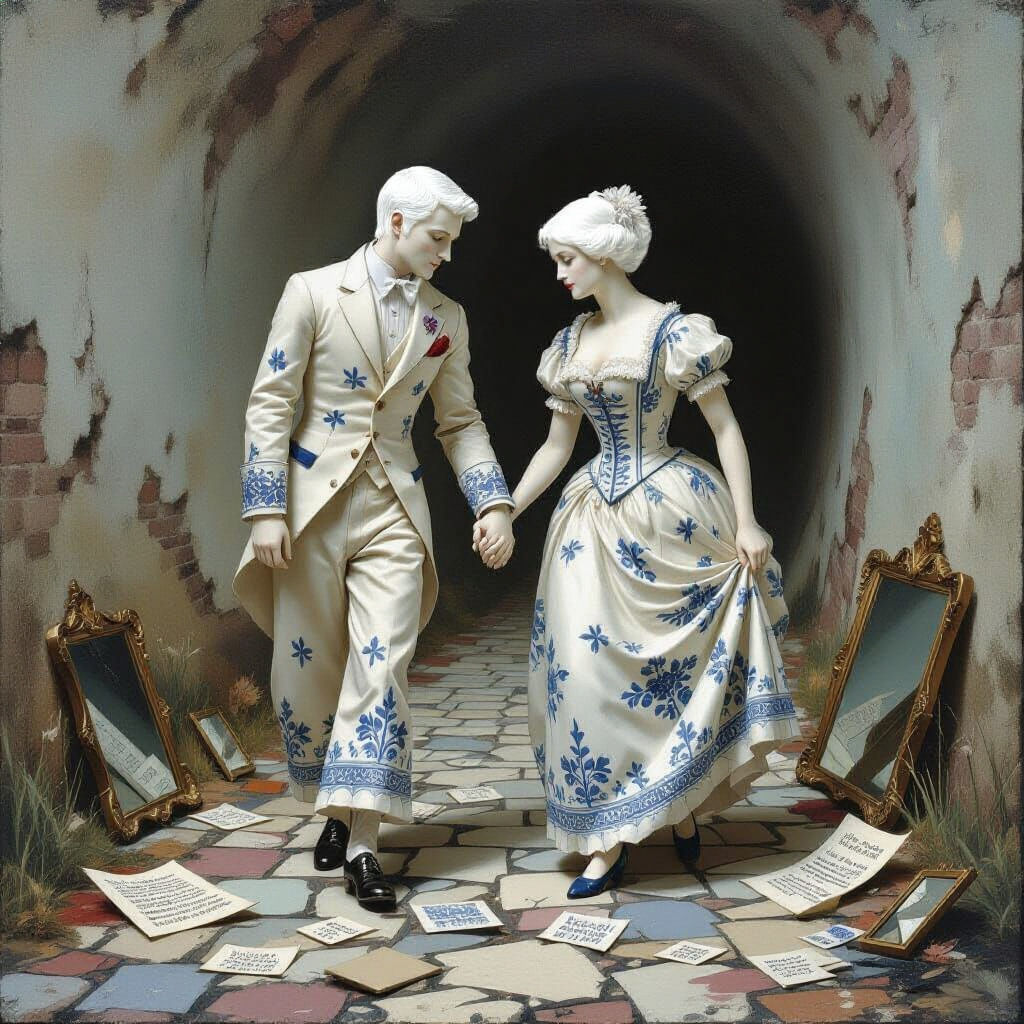 Surreal Porcelain Figures on Mirrored Path