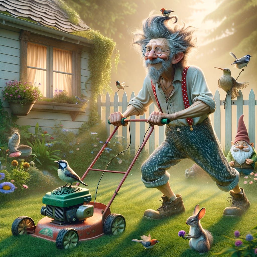 Whimsical Elderly Gardener with Oversized Tools